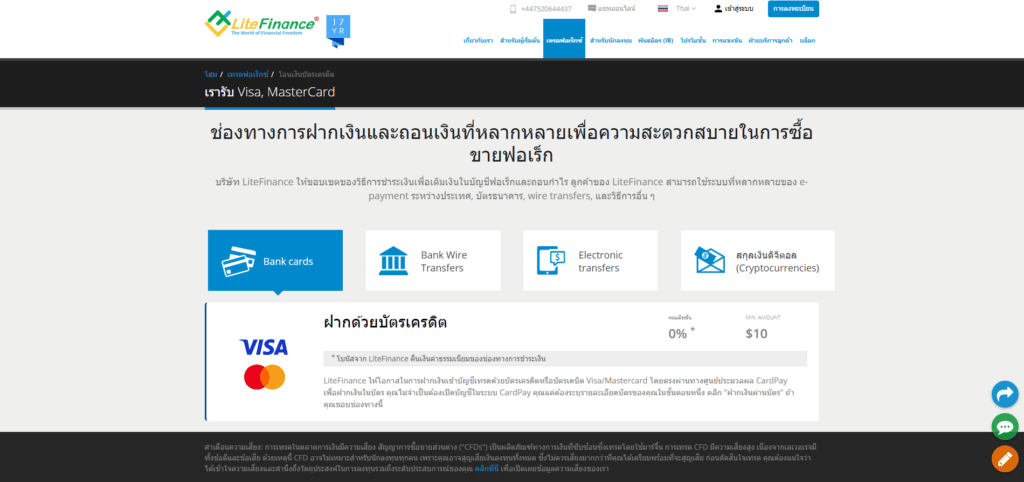 ช่องทางการฝากเงิน ถอนเงิน LiteFinance บัตรเครดิต
